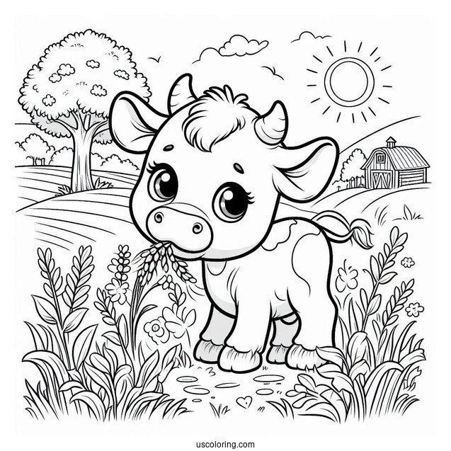 Happy Baby Cow Eating Grass Coloring Sheet
