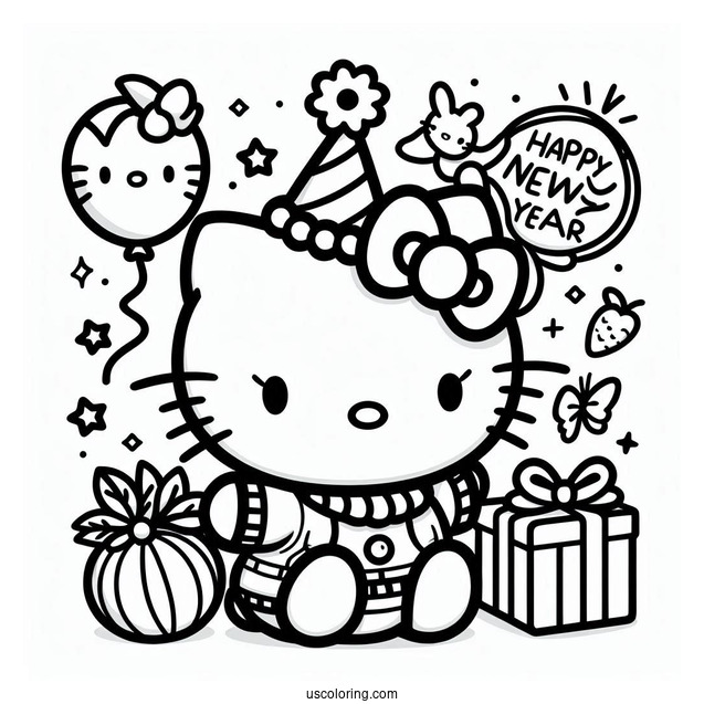 Kawaii Hello Kitty With Party Hat On New Year Coloring Page