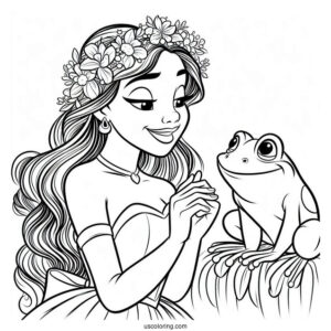 Princess Tiana Smiling At Frog Prince Naveen Coloring Page