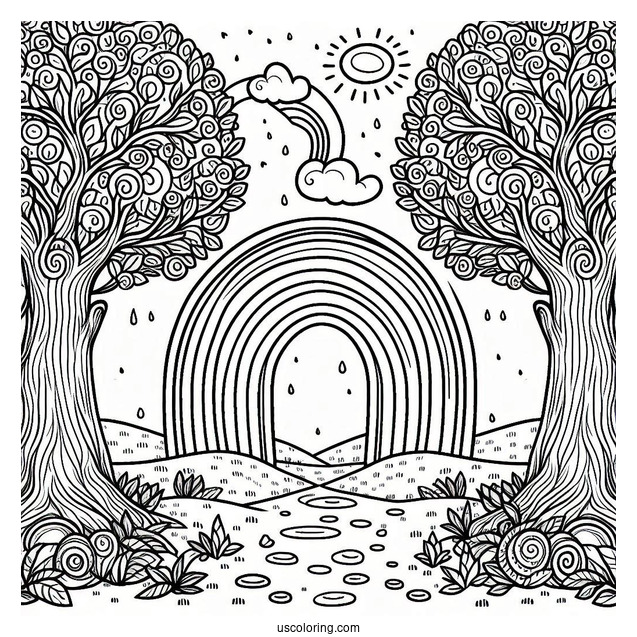 Rainbow Coloring Page Between Two Large Trees