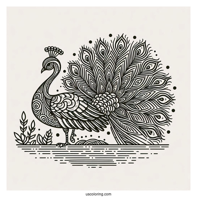 Peacock Coloring Page with Fanned Feathers by Mountain Pond