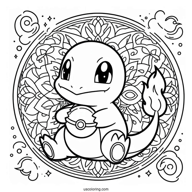 Charmander Holding Pokeball Mandala Coloring Sheet