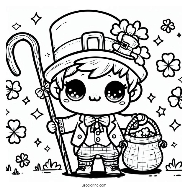 St. Patrick's Day Coloring Page Kawaii Leprechaun With A Cane