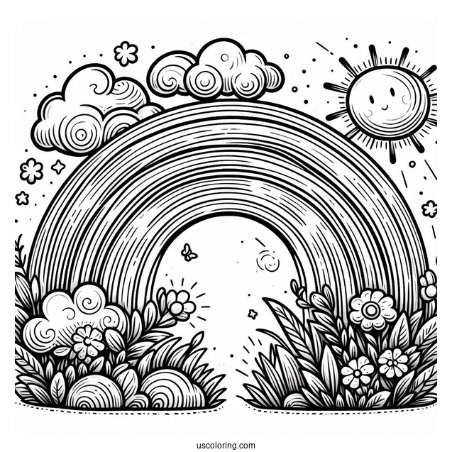 Full Page Rainbow With Sun And Cloud To Color