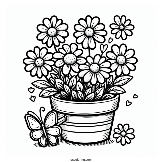 Flower Coloring Pages Of Daisies In Cartoon Pot With Butterfly