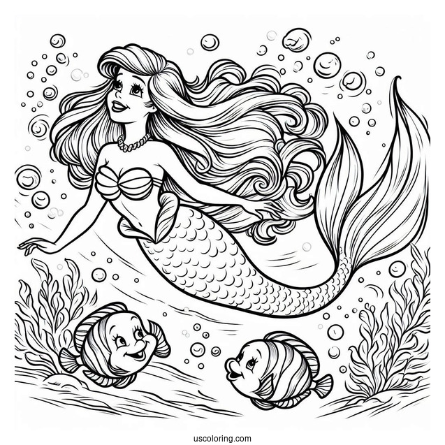Mermaid Ariel Diving Into Sea With Flounders