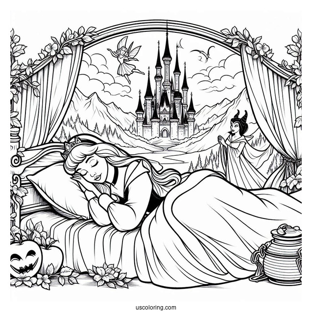 Sleeping Beauty Coloring Page Of Princess Aurora Deep Asleep Outside The Castle With Maleficent And The Fairies Watching