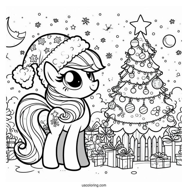 Coloring Page of My Little Pony In Front Of Christmas Tree