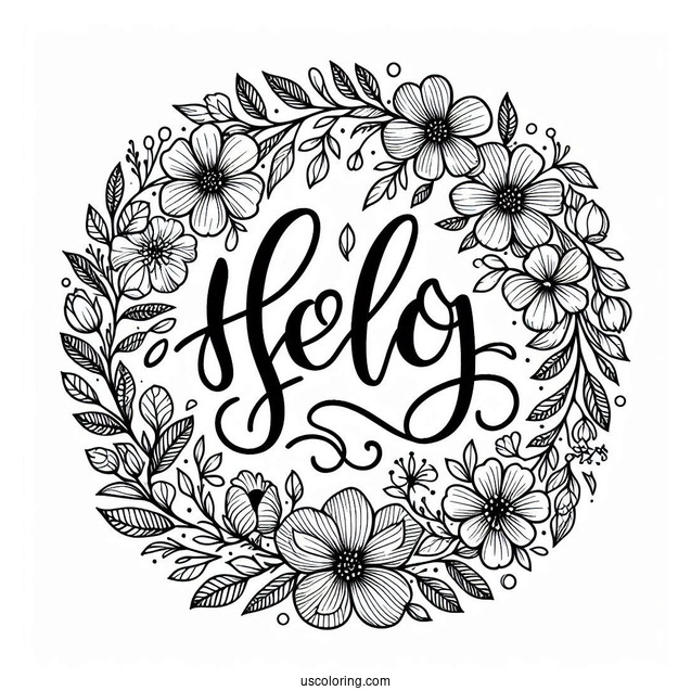 Calligraphy Hello Spring Coloring Page With Flower Wreath