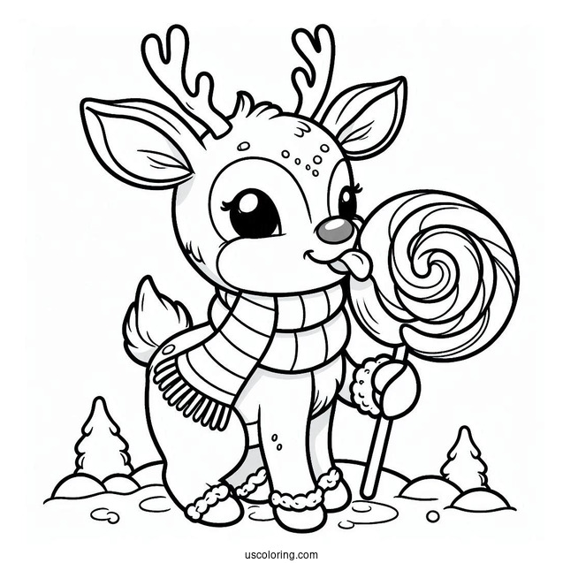 Rudolph Coloring Page Eating A Lollipop For Kids