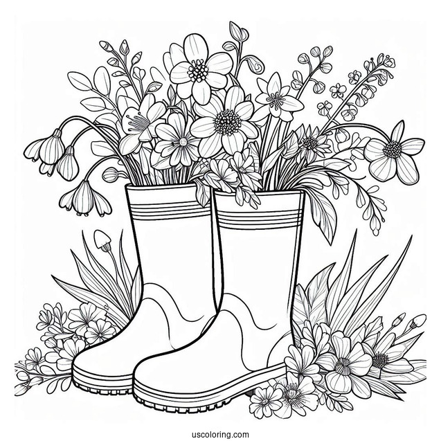 Rainboots Filled With Spring Coloring Page Wildflowers