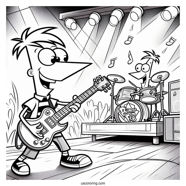 Phineas And Ferb Coloring Page On Stage Playing Electric Guitar