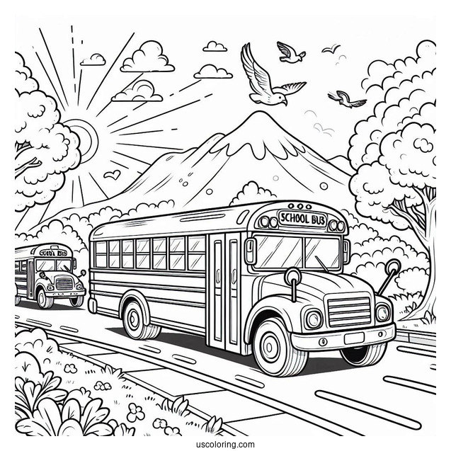 School Bus Driving Past Elementary School