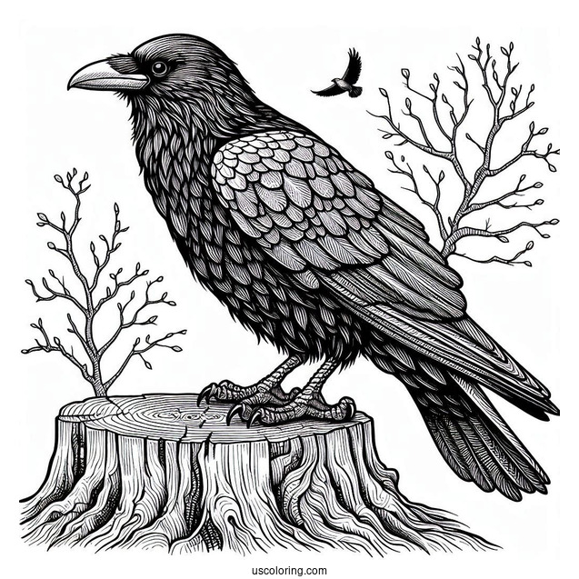 Detailed Raven Coloring Page Perched On A Tree Stump