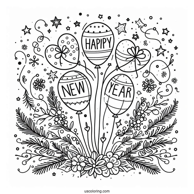 Balloons In The Middle Of Happy New Year Coloring Page Of Words For Kids
