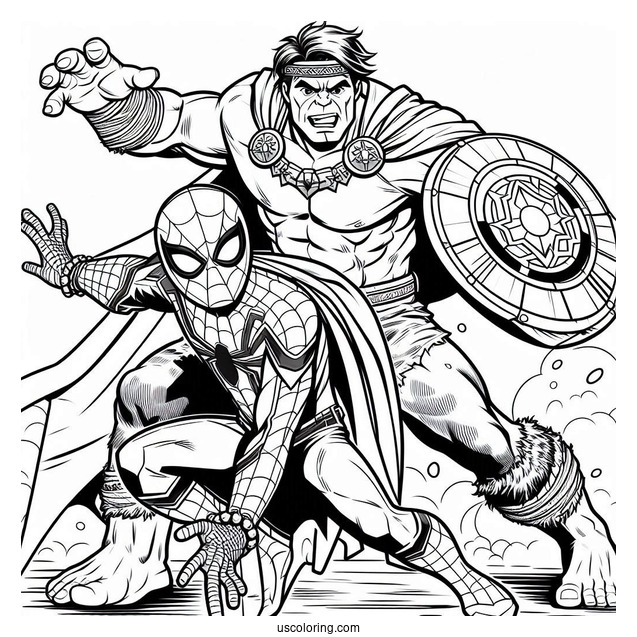 Spider Man Fighting Alongside Hulk Coloring Page For Kids
