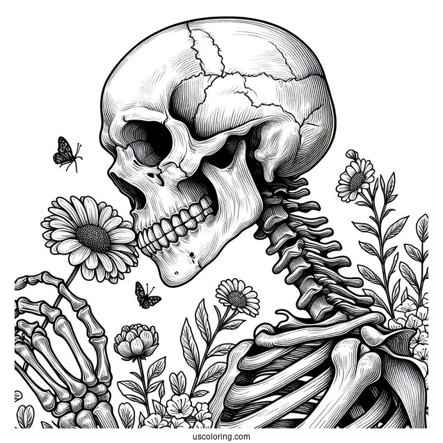 Realistic Skeleton Coloring Page Sniffing Flower
