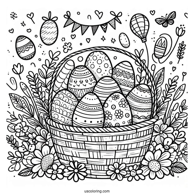 Happy Easter Coloring Page With Eggs In A Basket For Preschoolers