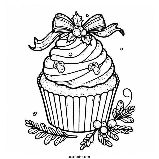 Christmas Cupcake With Ribbon And Mistletoe
