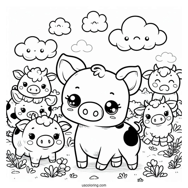 Adorable Kawaii Pig With Cows On a Farm