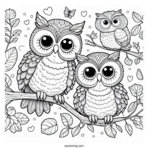 Cute Coloring Page Realistic Owls Perched On A Tree Branch