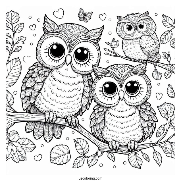 Cute Coloring Page Realistic Owls Perched On A Tree Branch