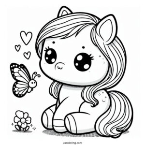 Cute Kawaii Horse With Butterfly To Color