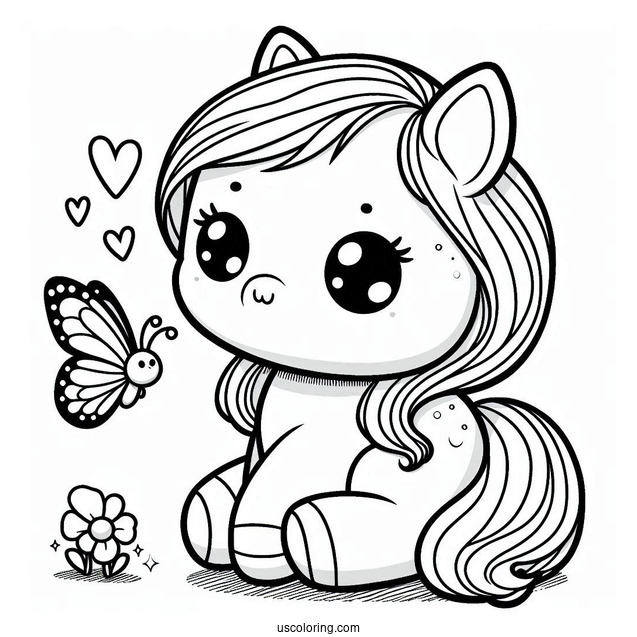 Cute Kawaii Horse With Butterfly To Color