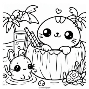Kawaii Animals Swimming In A Coconut Coloring Page Drink