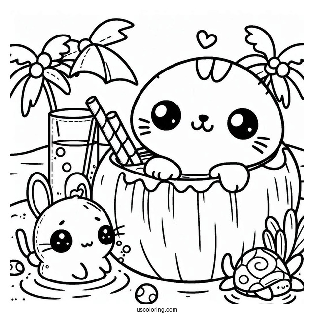 Kawaii Animals Swimming In A Coconut Coloring Page Drink