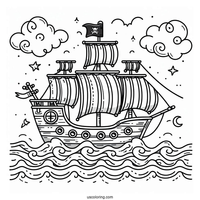 Easy Cute Pirate Ship Coloring Page With Waves For Preschoolers