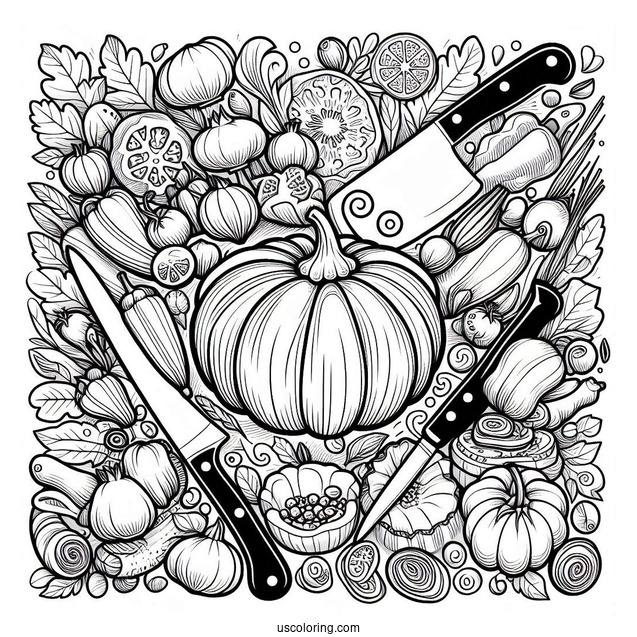 Ratatouille Coloring Page Surrounded By Kitchen Knives