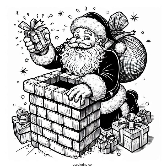Santa Claus Squeezing Into Brick Chimney To Color