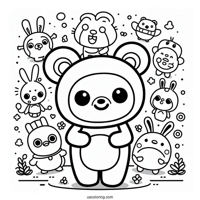 Pororo Coloring Page Surrounded By Poby, Harry, Rody, Eddy, Loopy, Petty, Crong, And Tongtong For Kids
