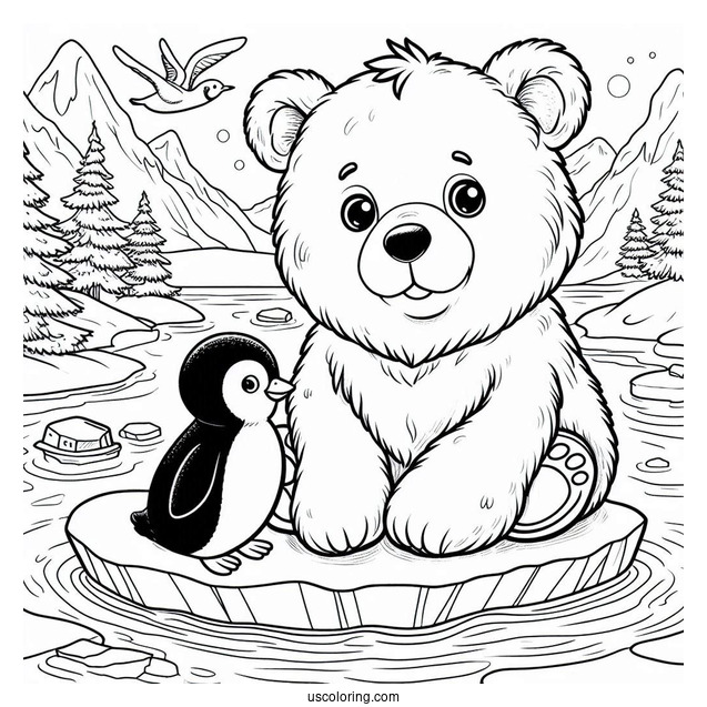Young Bear And Penguin Floating On An Ice In The North Pole Coloring Page