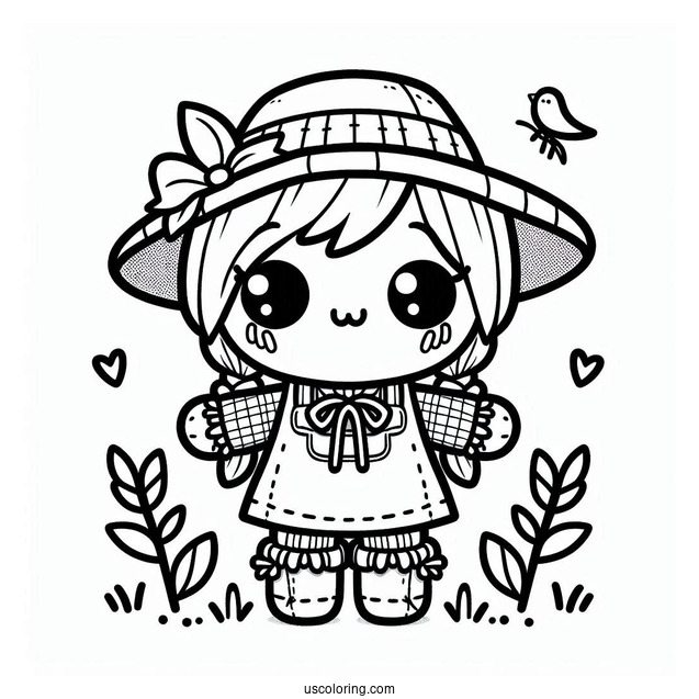 Kawaii Little Scarecrow Coloring Page On A Farm Field For Kids