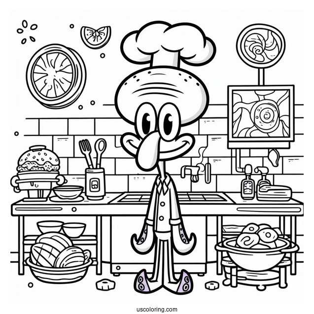 Squidward Coloring Page In The Krusty Krab Kitchen