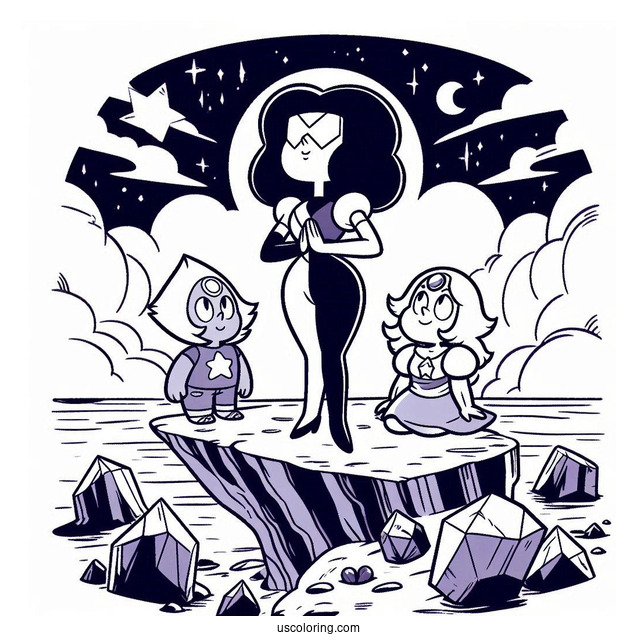 Steven Universe Coloring Page Of Garnet, Amethyst, And Pearl On Cliff with Spinel In The Background