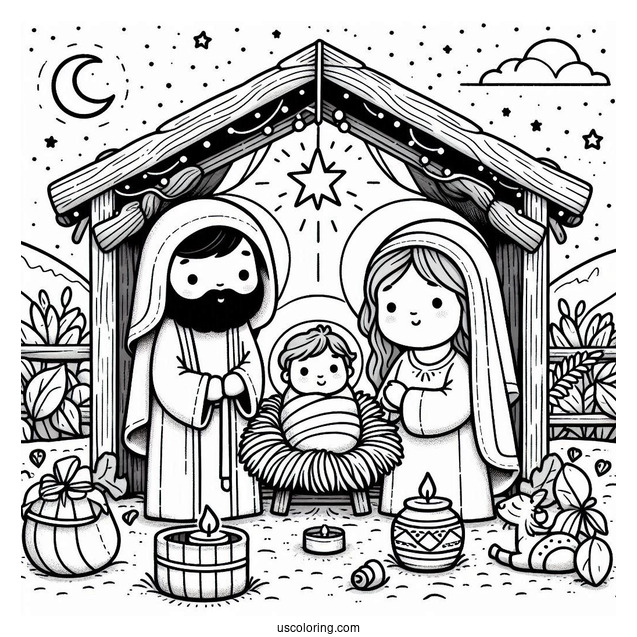 Nativity Coloring Page Of Cute Baby Jesus In The Manger For Kids