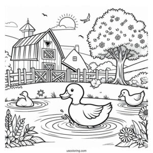Duck Going To Pond On Farm To Color
