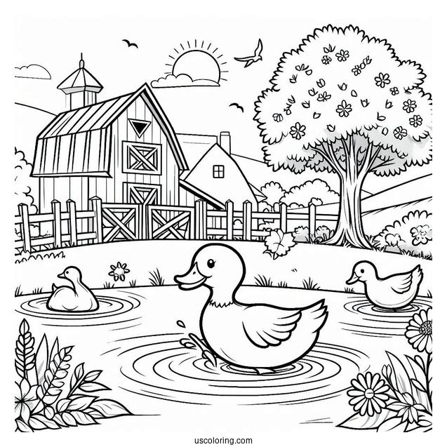 Duck Going To Pond On Farm To Color