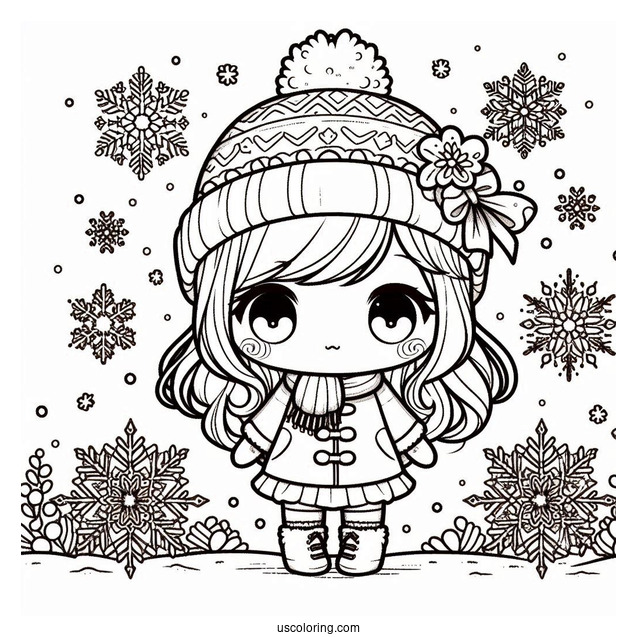 Chibi Girl In Winter Clothes Surrounded By Snowflake Coloring Page