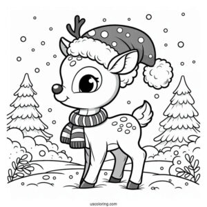 Rudolph Coloring Page Wearing A Santa Hat While Walking In The Snow