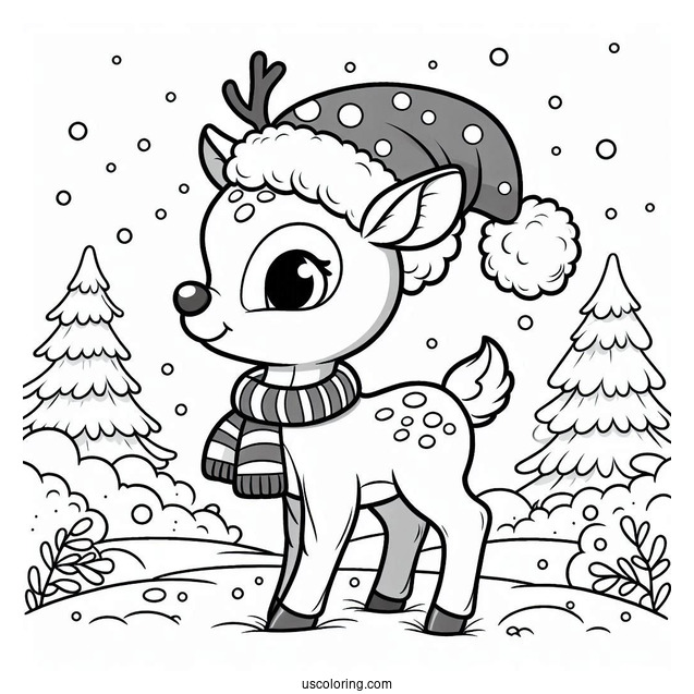 Rudolph Coloring Page Wearing A Santa Hat While Walking In The Snow
