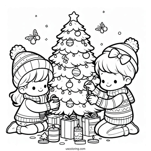 Children Decorating a Christmas Tree To Color