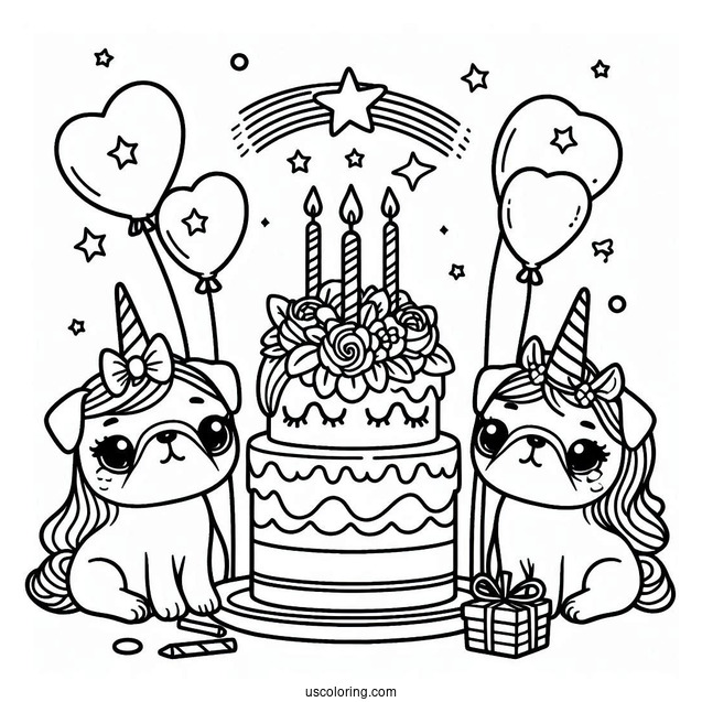 Unicorn Pug Themed Birthday Cake To Color