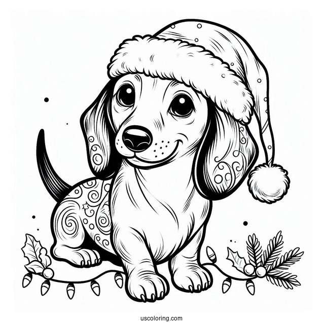 Dachshund Coloring Page In Santa Hat And Christmas Lights