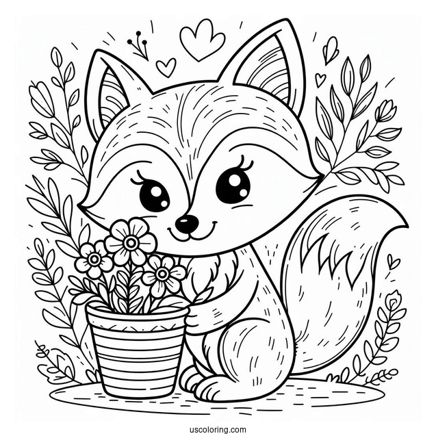 Fox Holding A Flower Plot Coloring Sheet