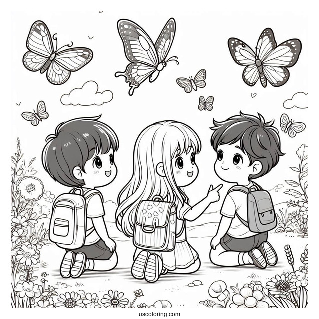 Three Children Enjoying The Butterflies