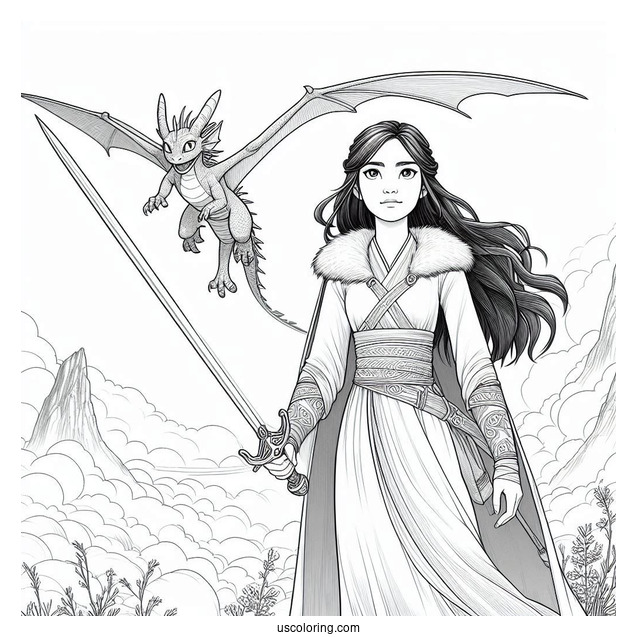 Raya And The Last Dragon Coloring Page Holding Her Sword With Sisu Flying In The Background